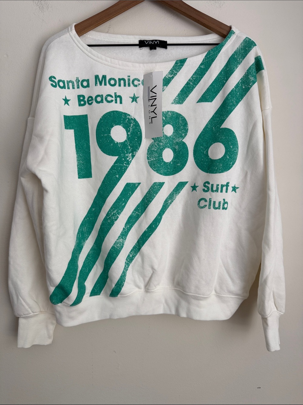 Vinyl Icons Sweatshirt Womens M Santa Monica Beach AOP Off Shoulder Oversize NWT